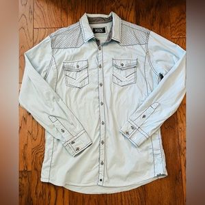 Buckle Black Athletic Fit Men’s Large Blue and White Embroidered button down